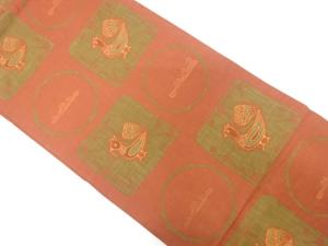 丸紋に抽象孔雀模様織り出し　袋帯